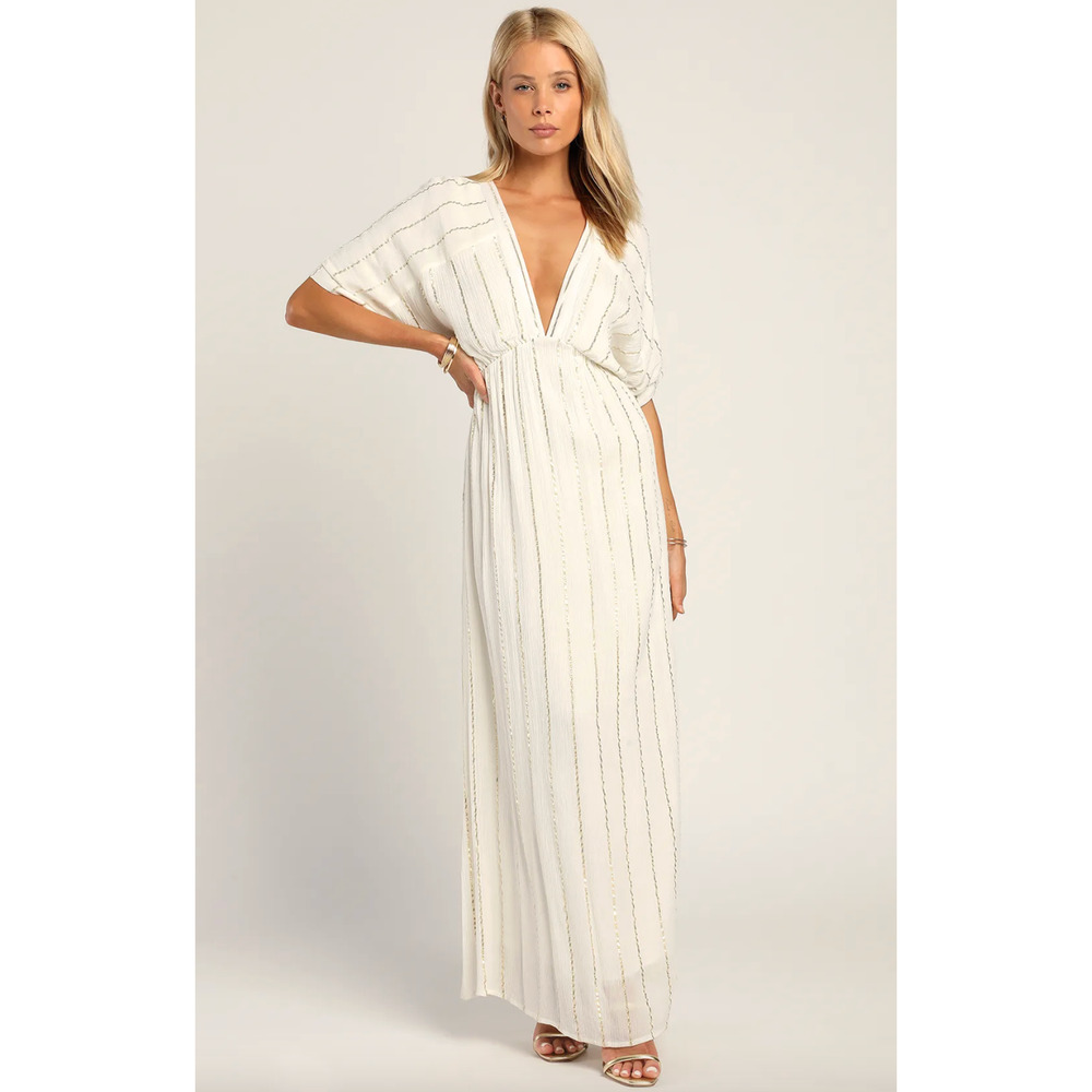 Lulus Goddess Vibes Ivory Gold Striped Dolman Sleeve Maxi Dress Resort XS NWT